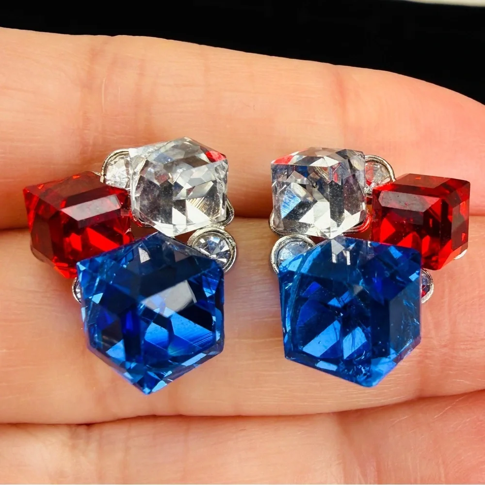 Custom, red, clear and blue pierced bling earrings